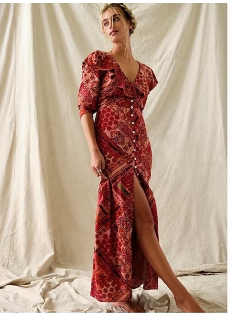 Free People Lennon Dress Maxi Primrose Viscose Combo Boho Ruffle